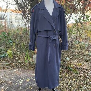 American Bazaar Navy Blue Belted Double Breasted Long Trench Coat size 14
